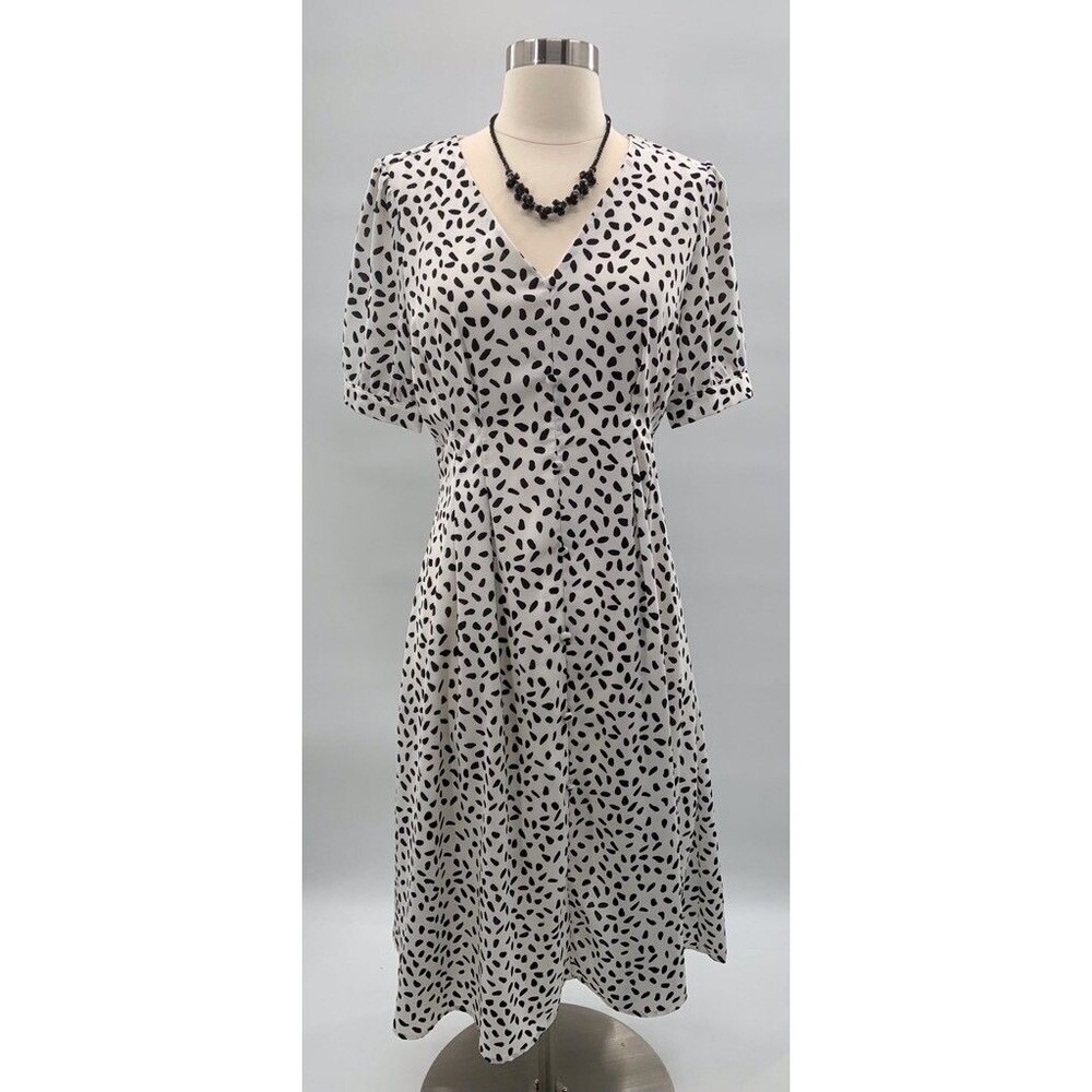 Fab'rik Womens June A Line Dress White Black Geometric V Neck Short Sleeve S